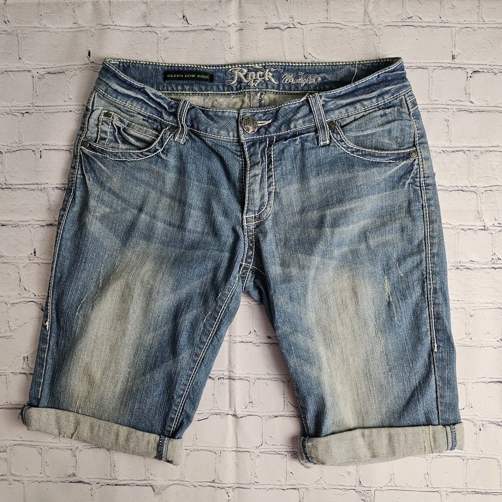 Rock 47 By Wrangler Ultra Low‎ Rise Denim Shorts Embroidered Studded Stretch 30